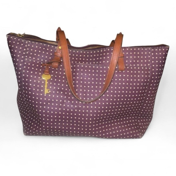 Fossil Leather Rachel Tote bag in Maroon with white hearts print